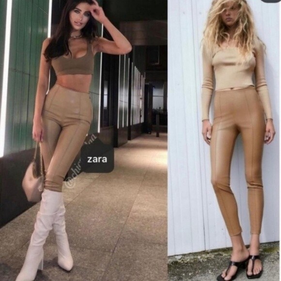 💫SALE💫Zara Taupe Tan Faux Leather Leggings size. Medium - Picture 2 of 9